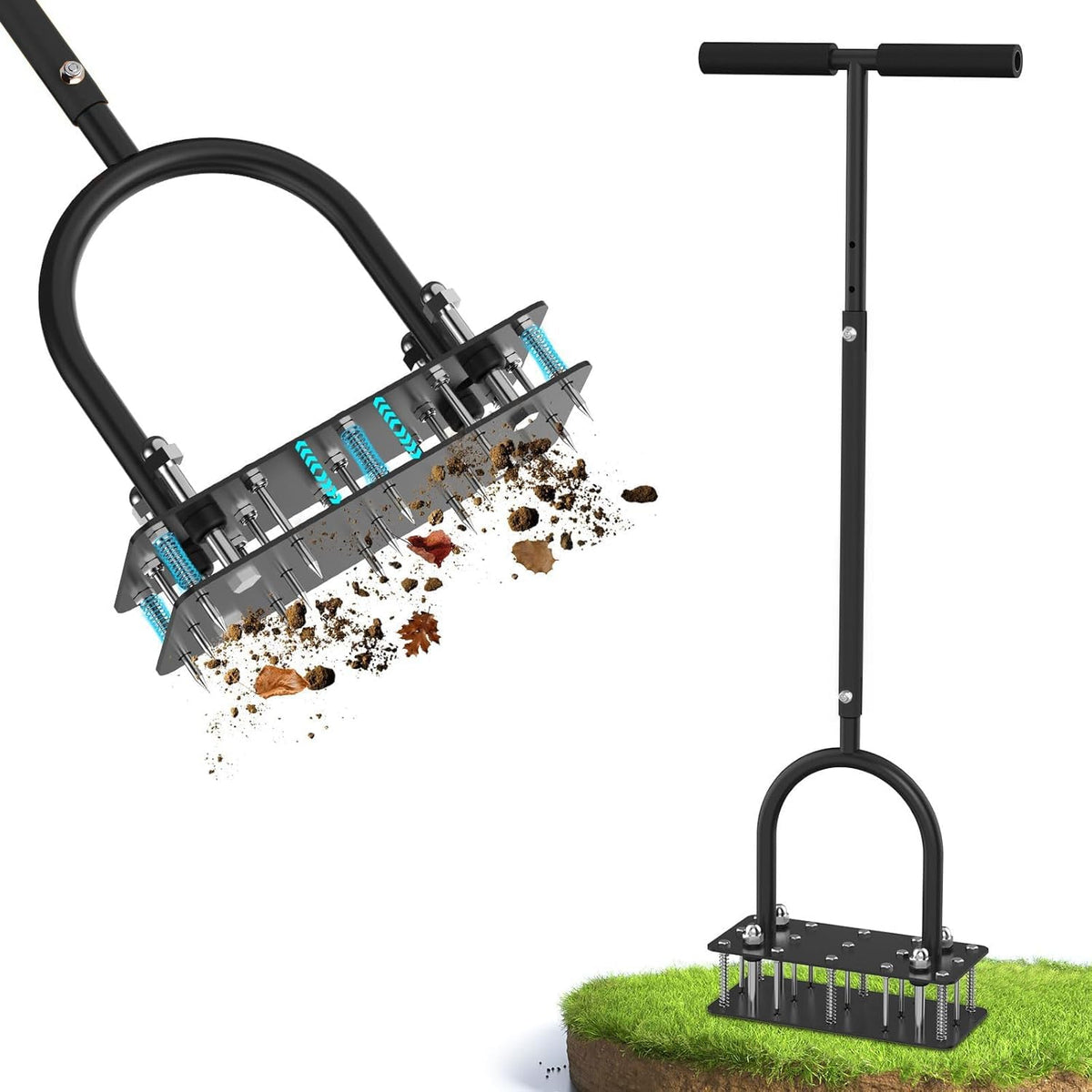 GAINO manual lawn aerator with 15 spikes penetrating soil for a healthier lawn.