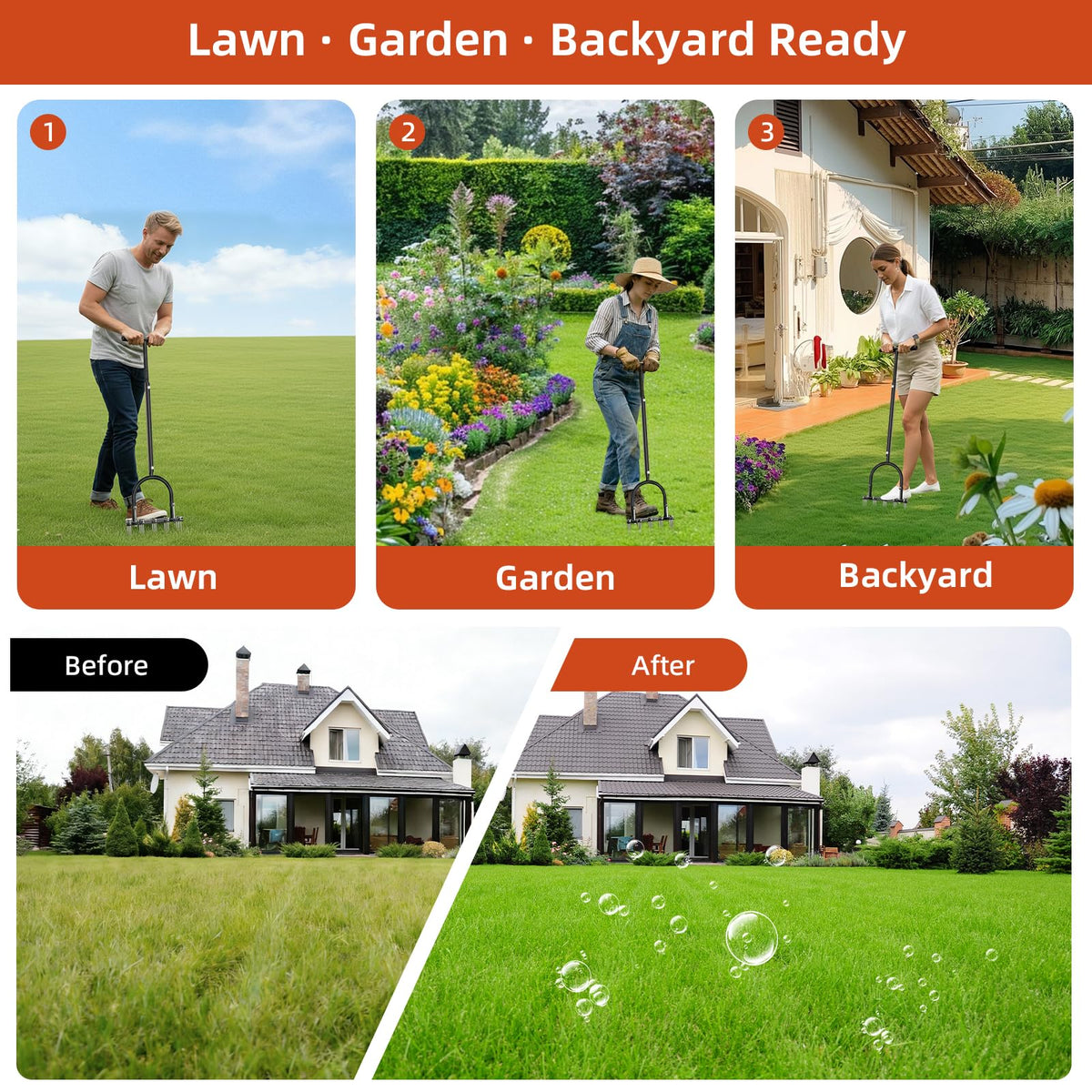GAINO compact, durable aerator stands up to regular yard work.