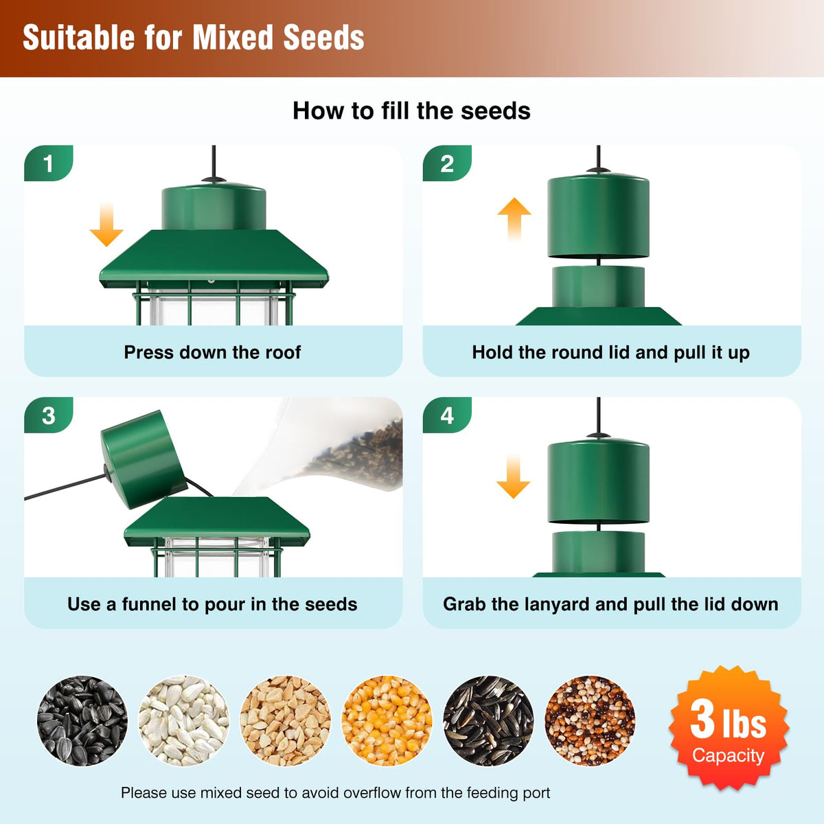 GAINSEN 3lb seed-capacity holds enough seed for extended birdwatching.