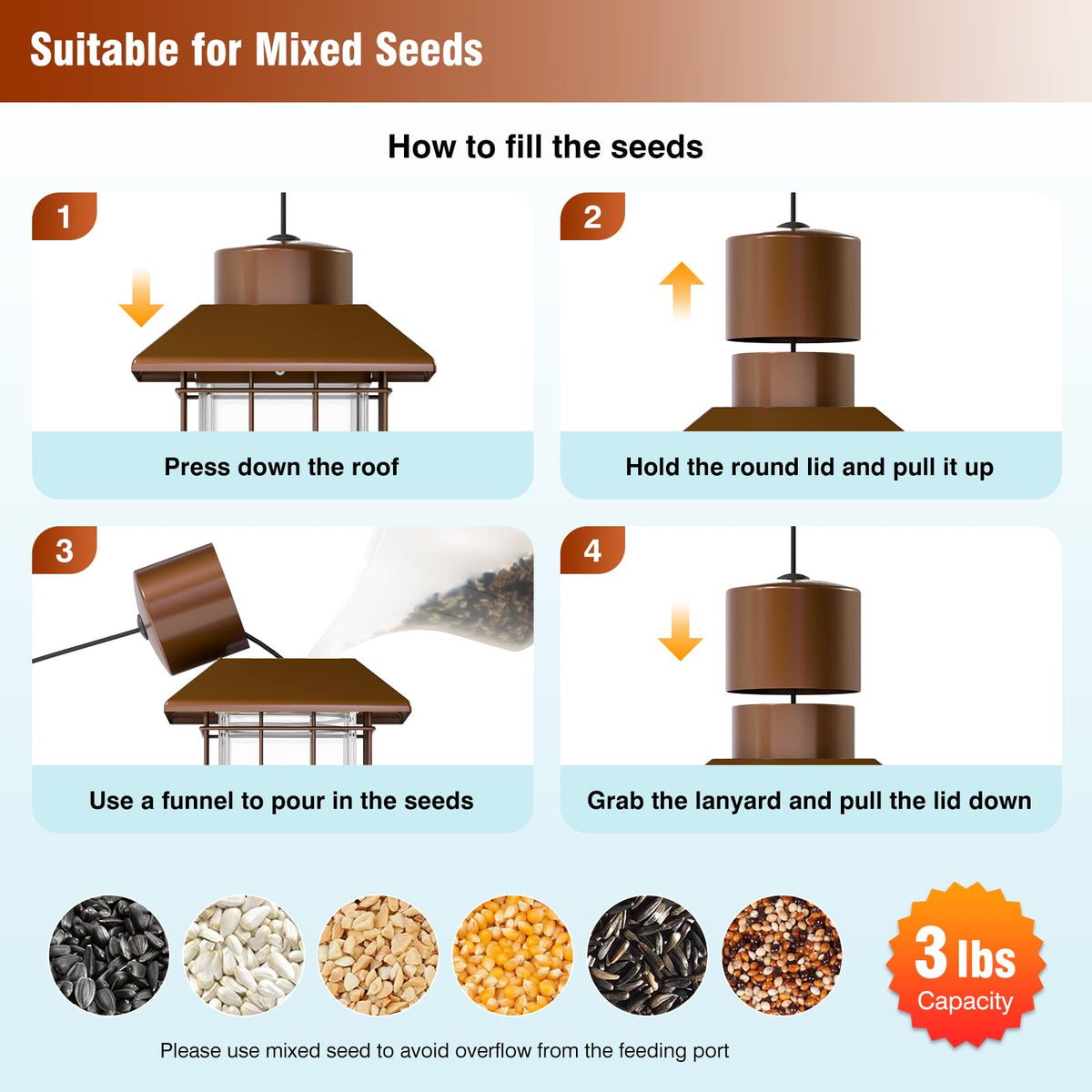 GAINSEN four-port seed feeder reduces spills and accommodates multiple birds.