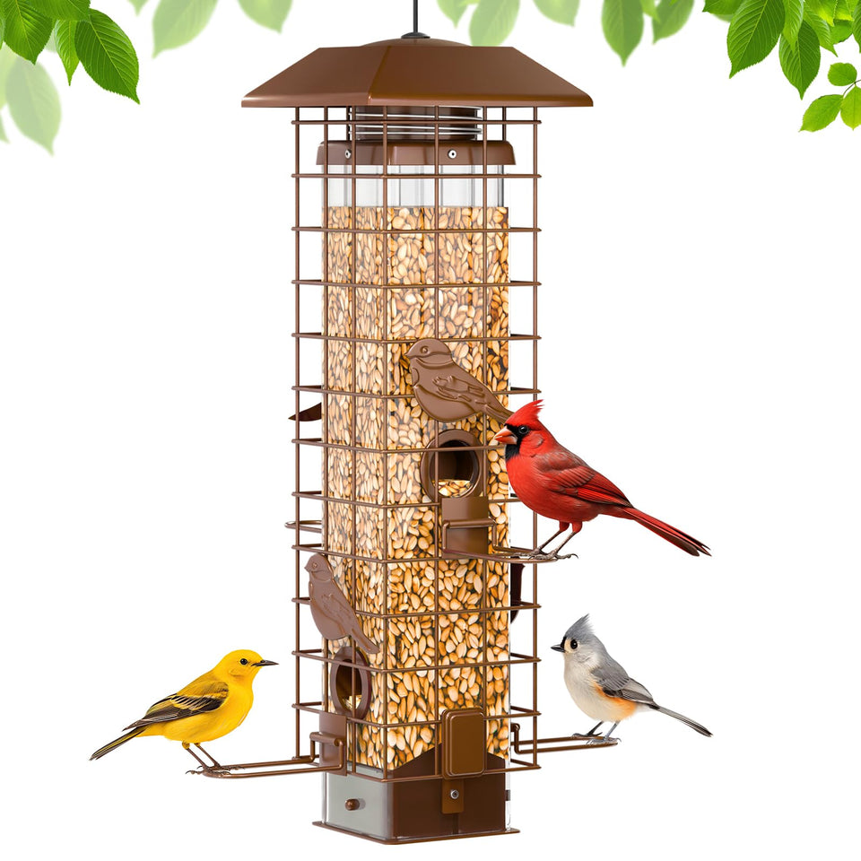 GAINSEN squirrel-proof feeder cage blocks feeding when a squirrel climbs, protecting seed supplies.