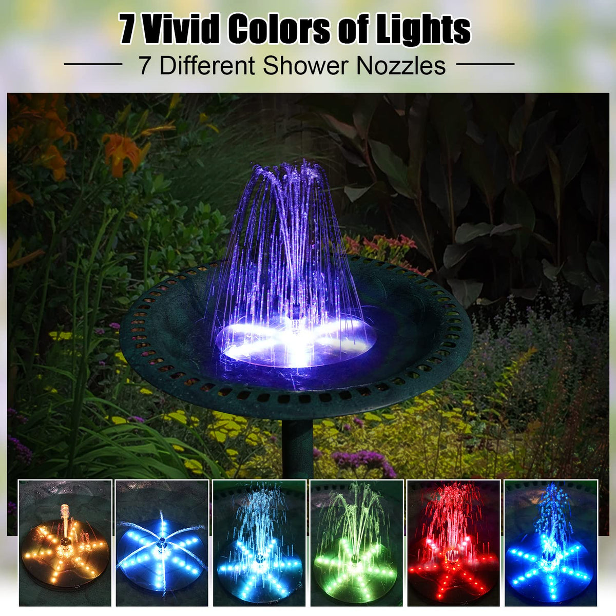 GAIZERL solar fountain with 7 nozzles creates dynamic water patterns