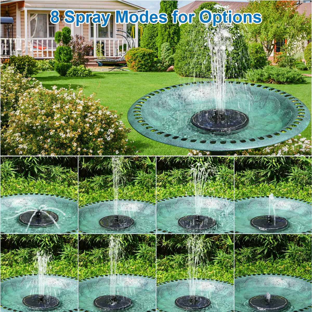 GAIZERL solar fountain with 7 nozzles creates varied sprays for the bird bath.