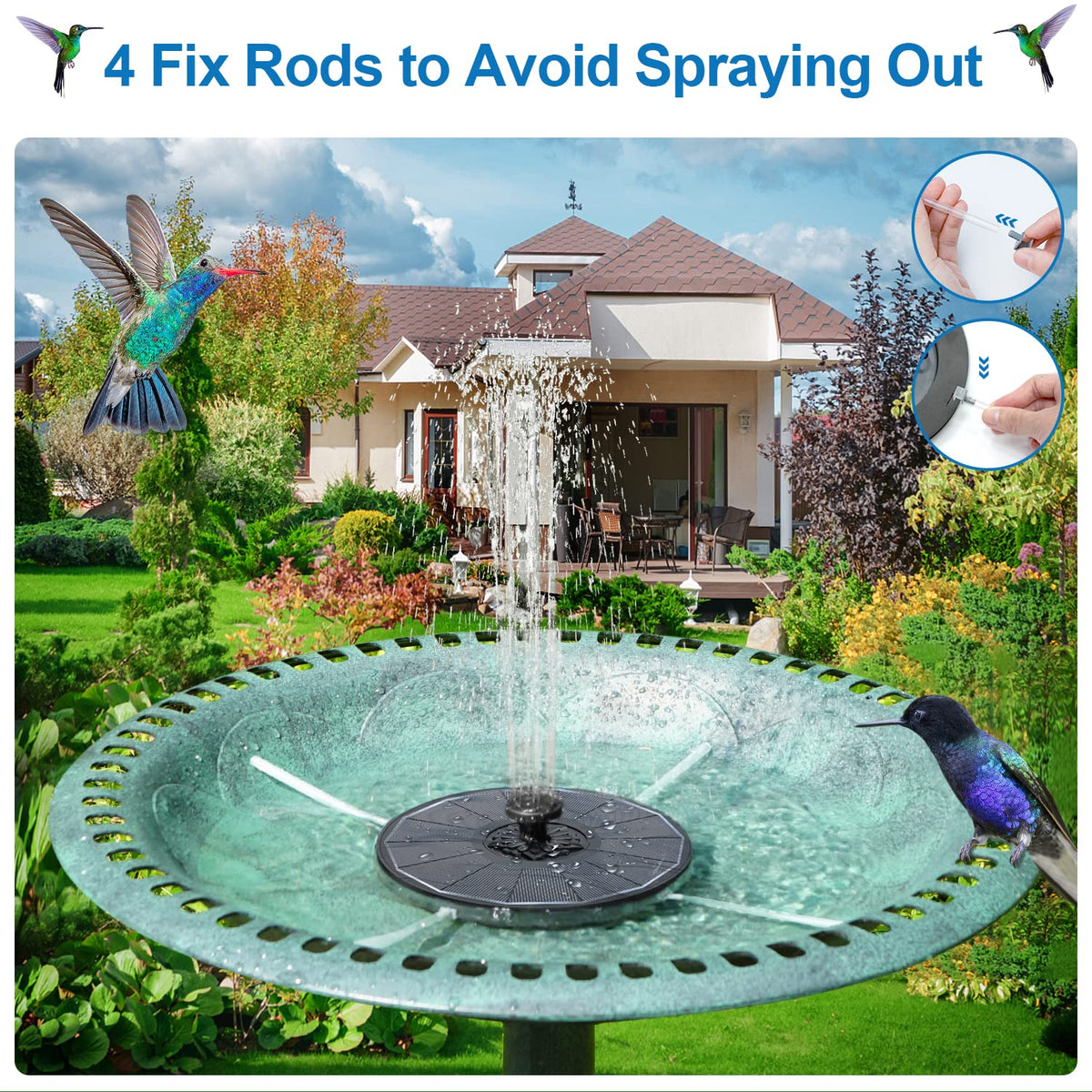 GAIZERL fountain battery backup keeps water flowing on cloudy days.