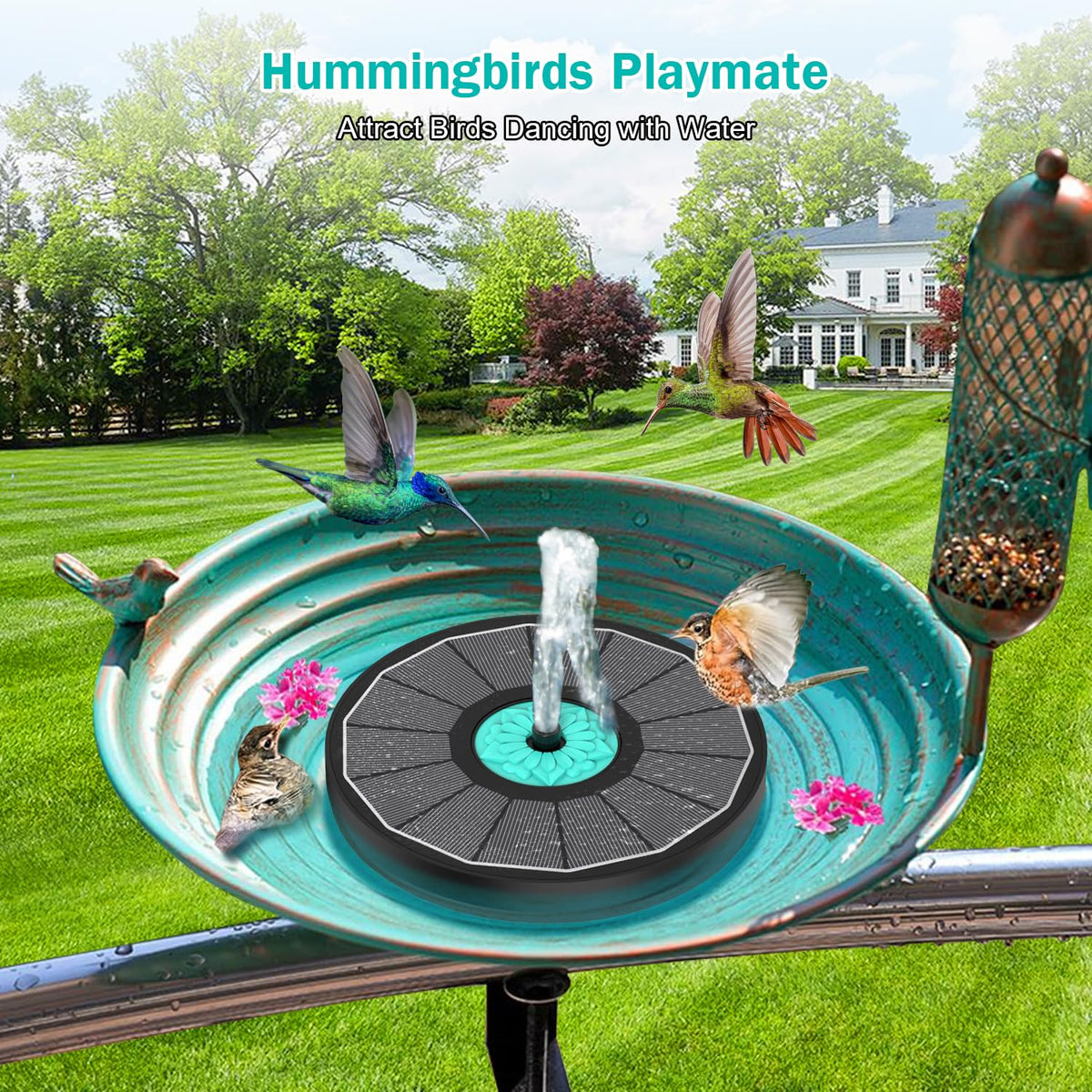 GAIZERL bird bath garden setup showing colorful water feature.
