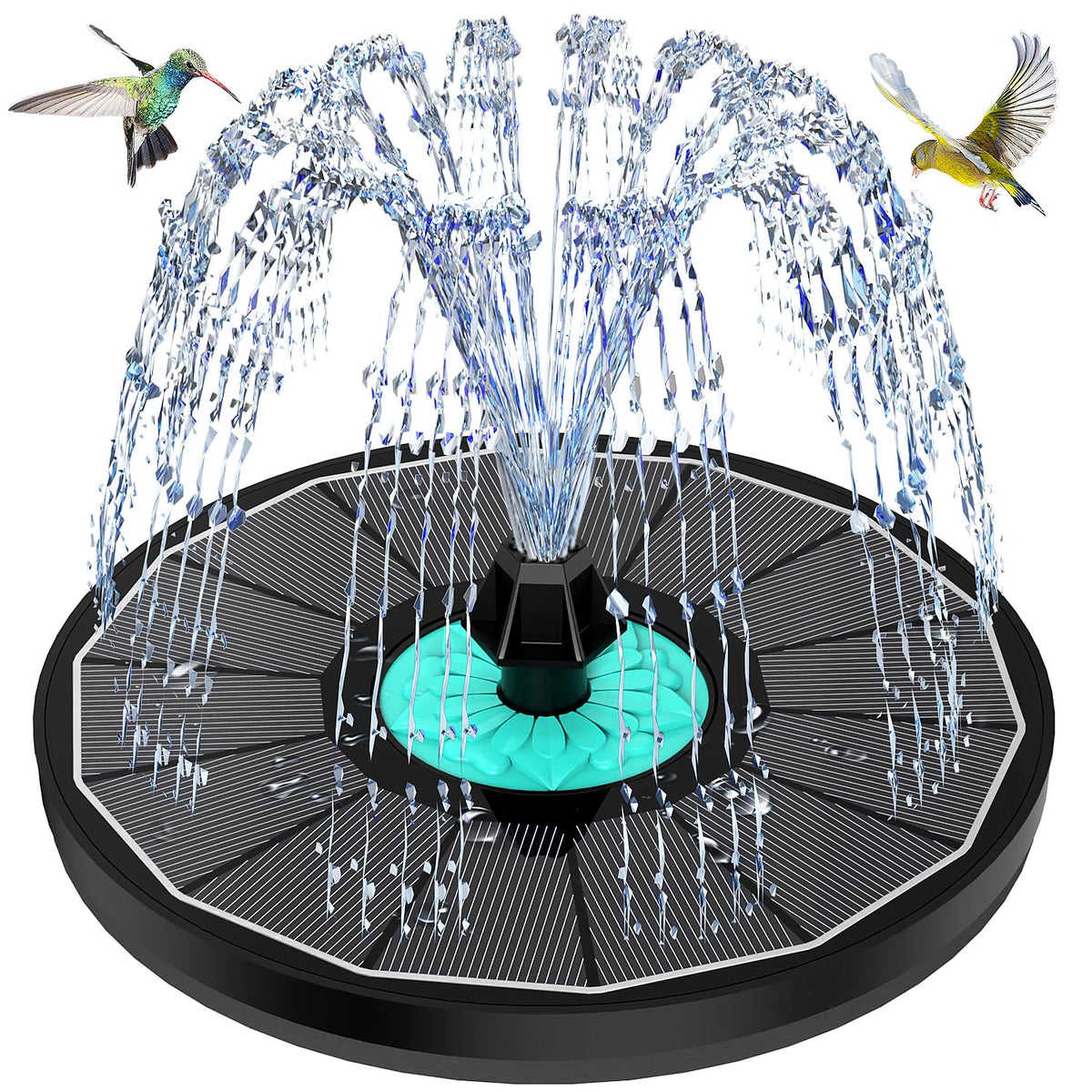 GAIZERL cyan flower solar fountain in sunlit setup attracts birds to your garden.