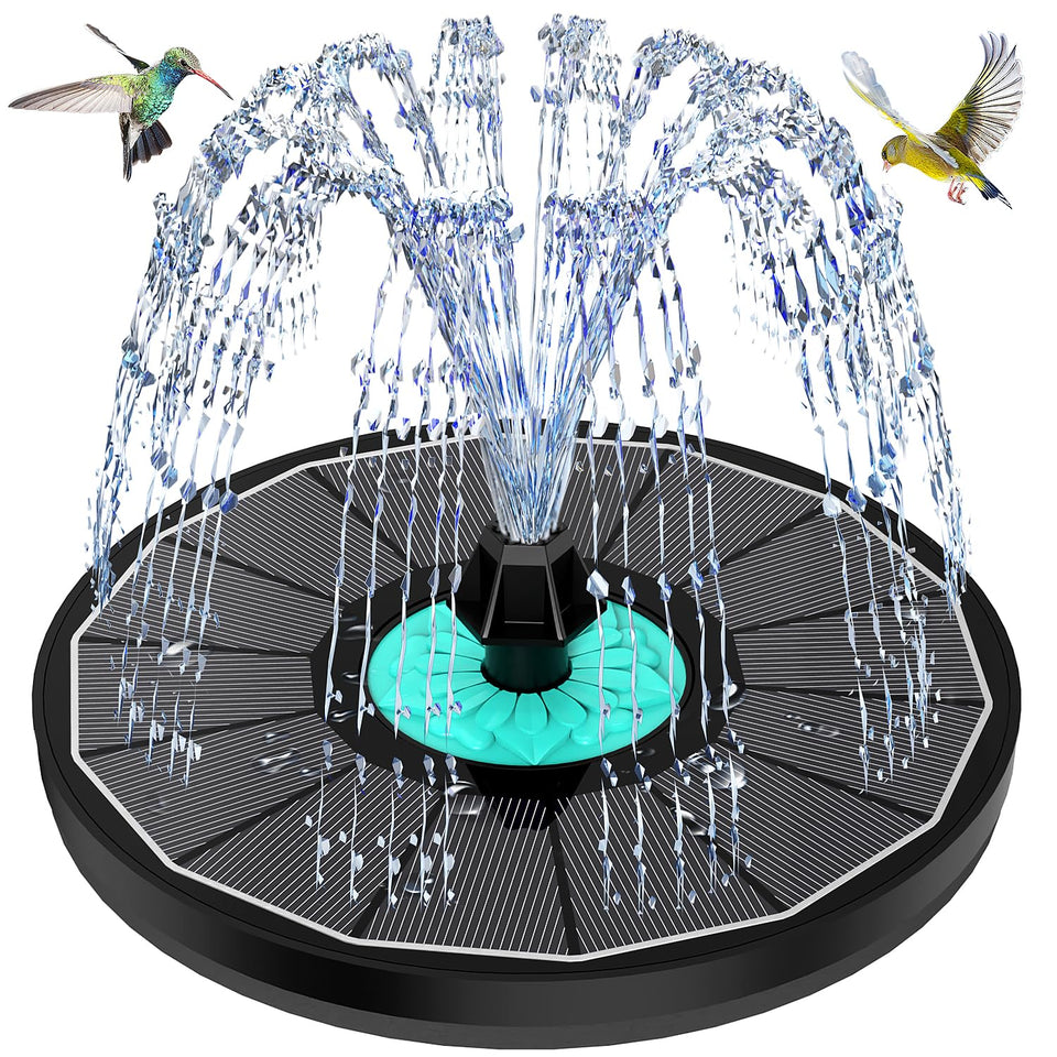 GAIZERL cyan flower solar fountain in sunlit setup attracts birds to your garden.