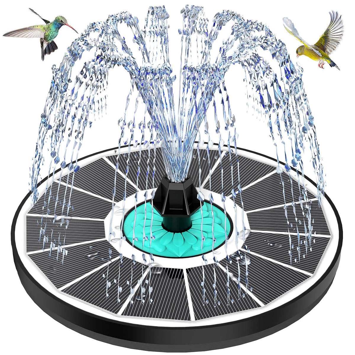 GAIZERL cyan flower solar fountain shows vibrant water spray for birds