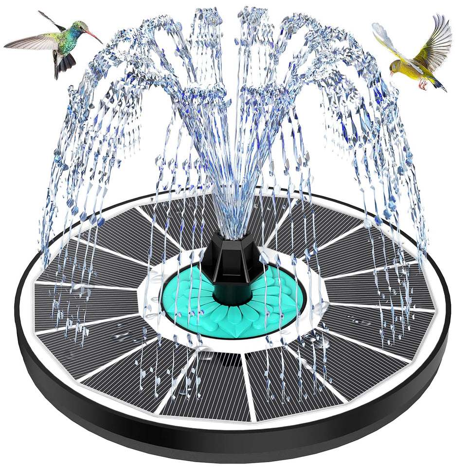 GAIZERL cyan flower solar fountain shows vibrant water spray for birds