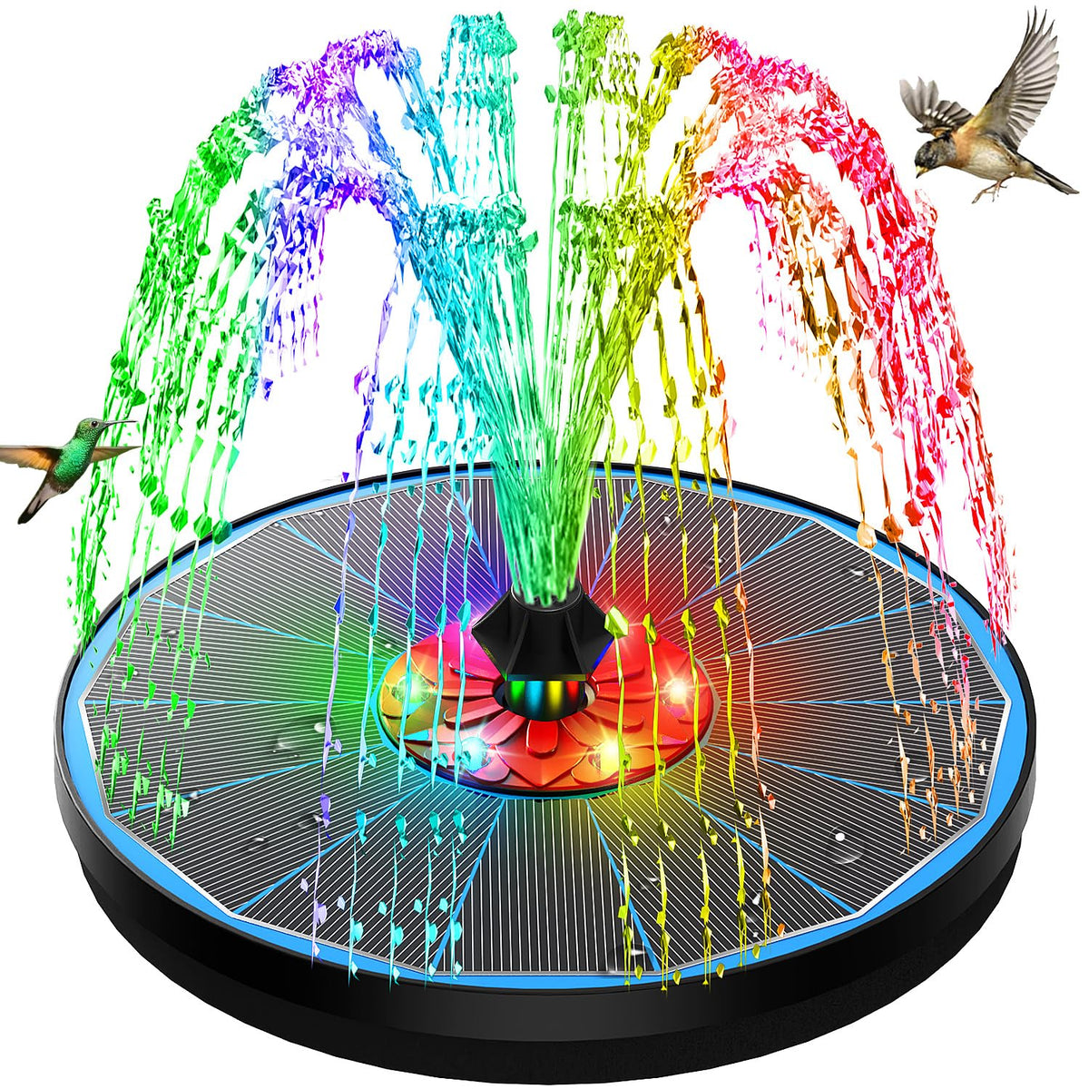 GAIZERL solar bird bath fountain in garden with red flower design attracting hummingbirds