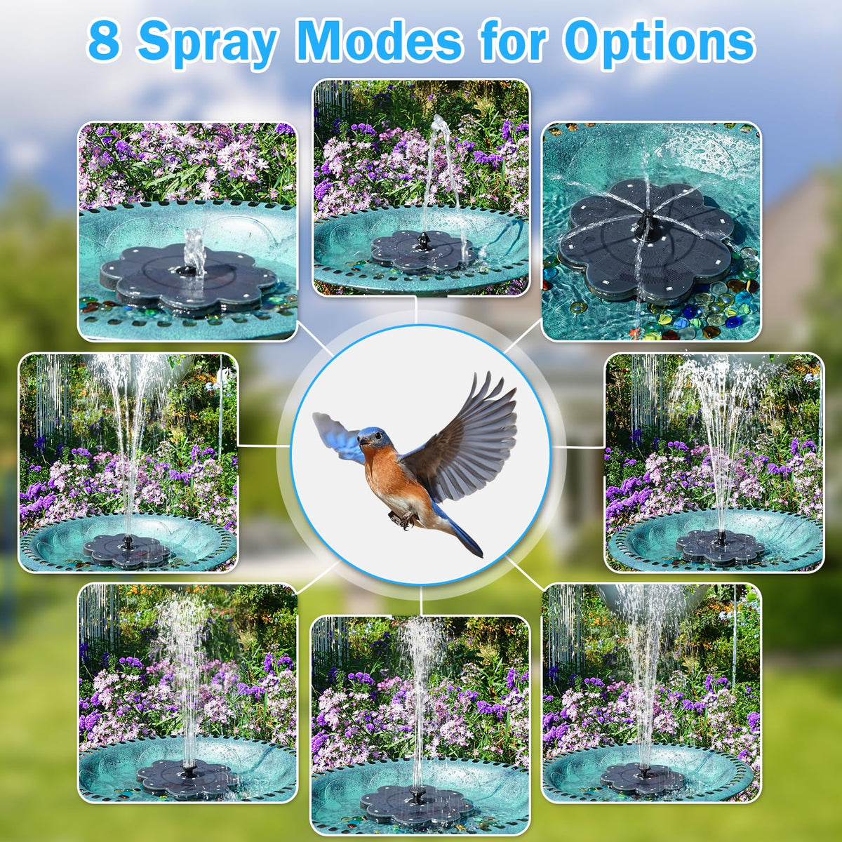 GAIZERL solar fountain with 2000mAh battery keeps the fountain running as sun fades.
