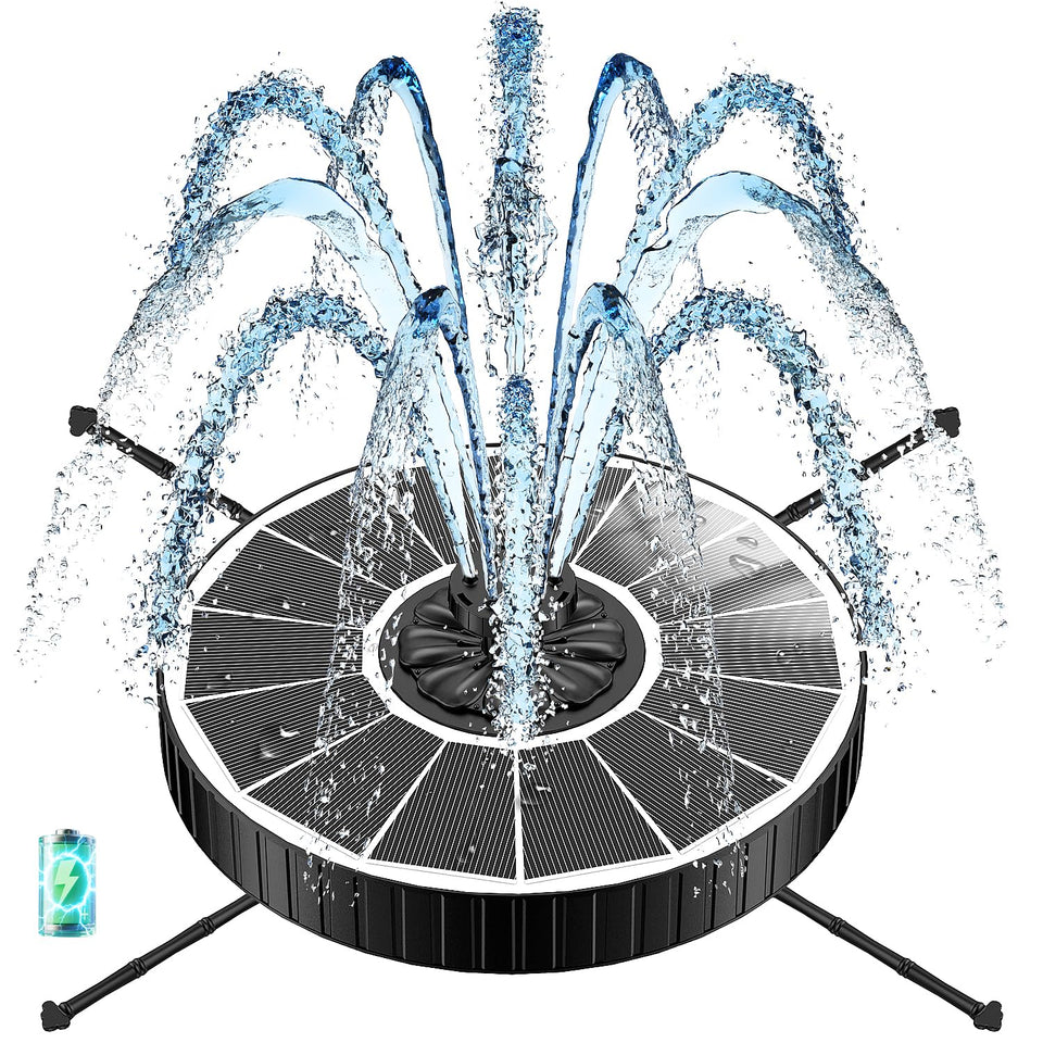 GAIZERL solar fountain showing 3 height settings for versatile water display.