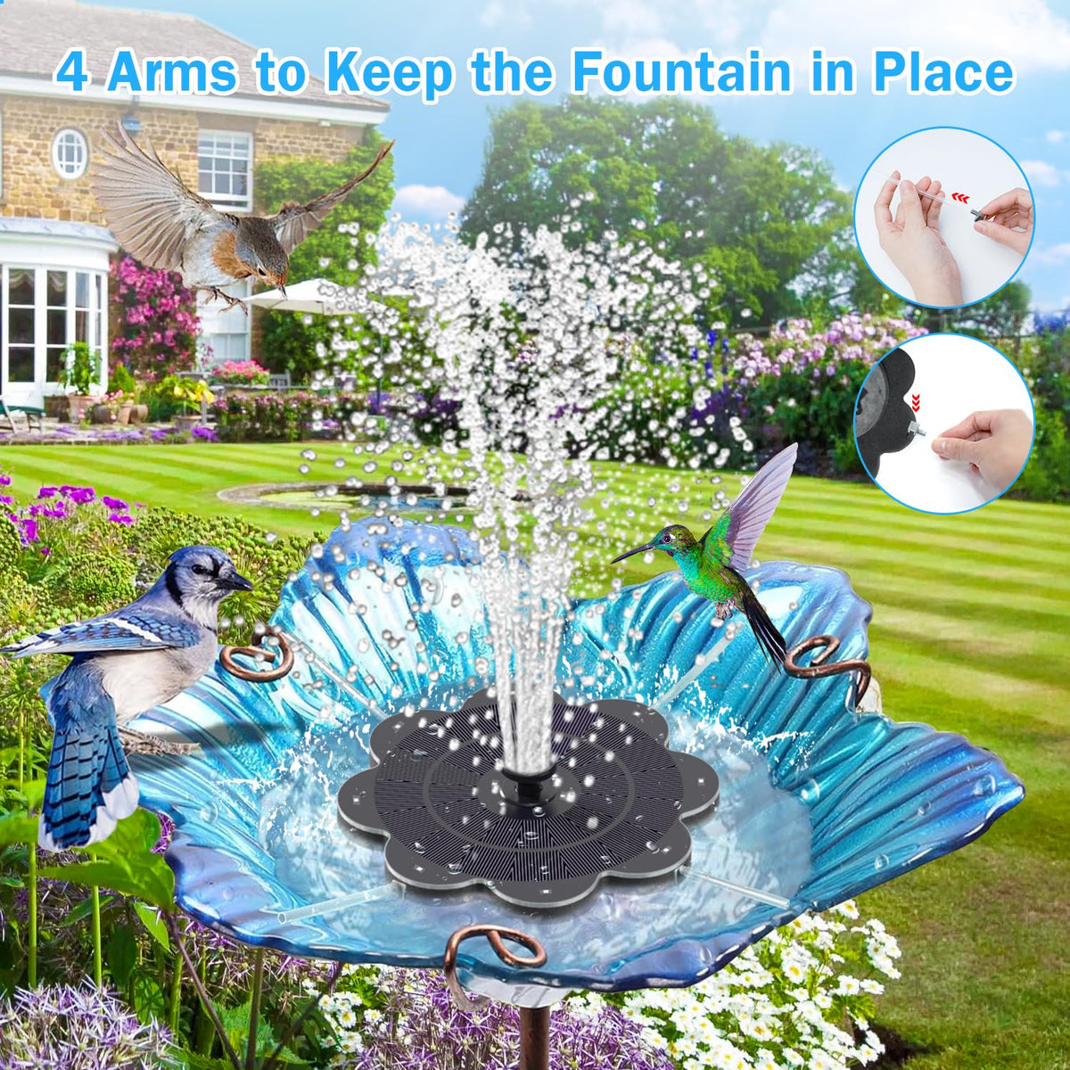 GAIZERL solar fountain offers seven nozzles for versatile spray styles.