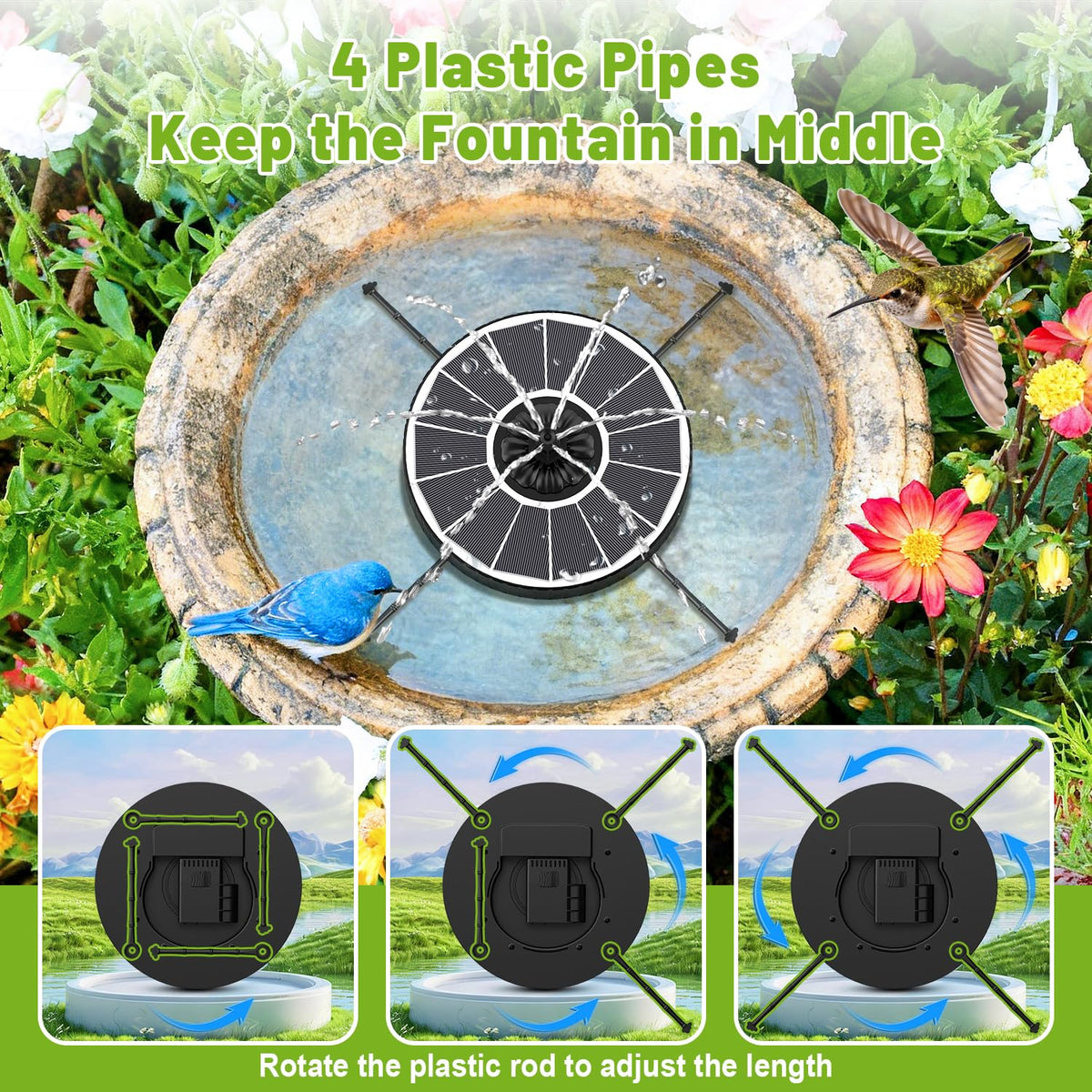 Eight spray patterns create dynamic garden, pond, or pool displays.
