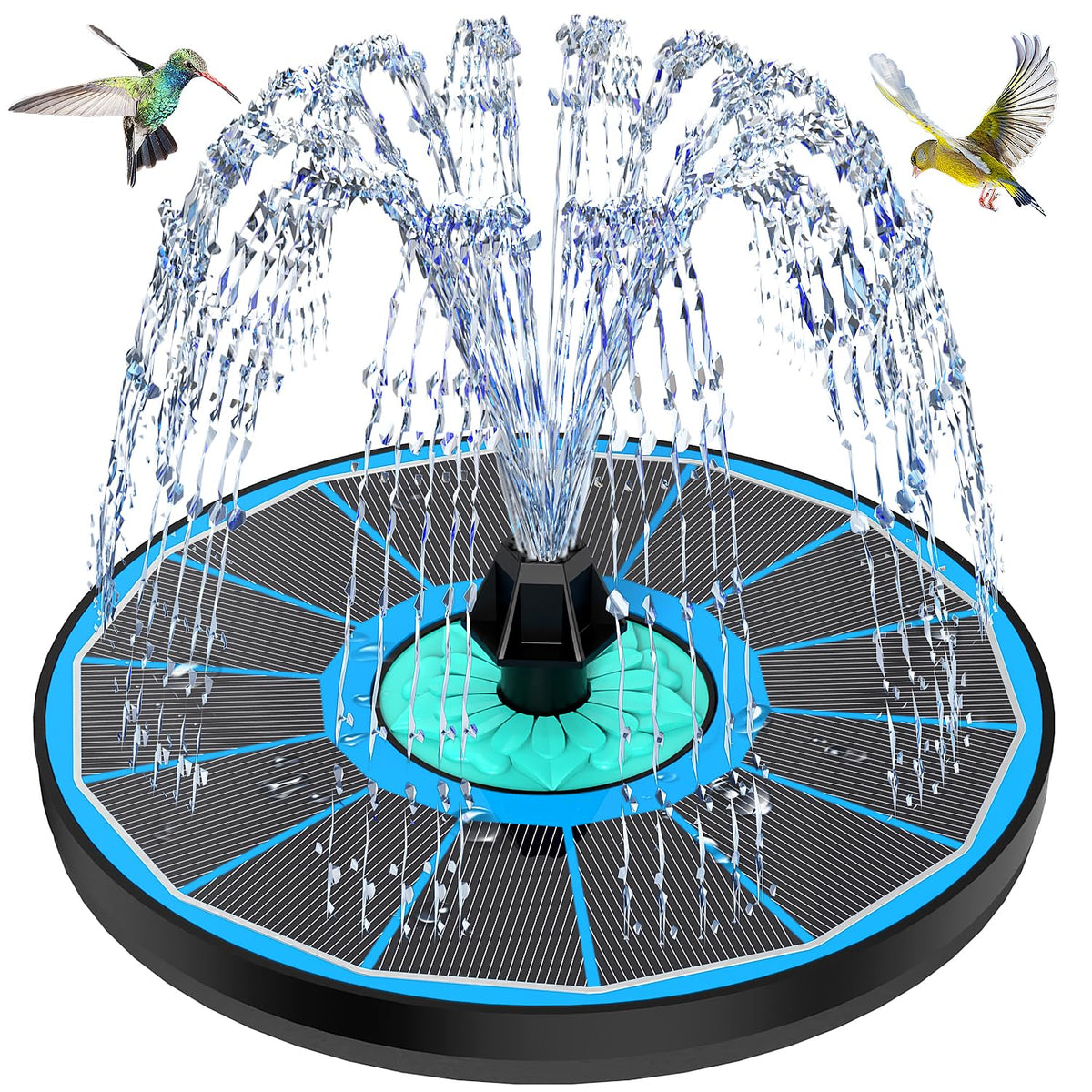 GAIZERL solar fountain cyan flower centerpiece attracts birds in the garden.