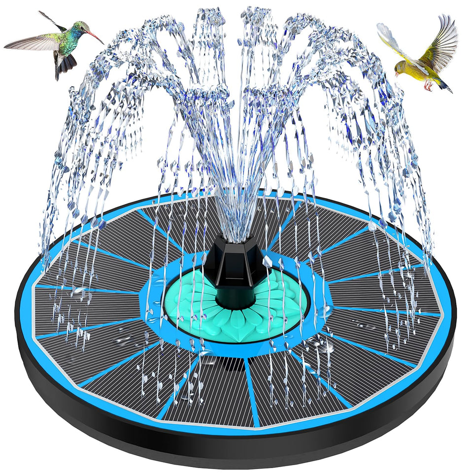 GAIZERL solar fountain cyan flower centerpiece attracts birds in the garden.