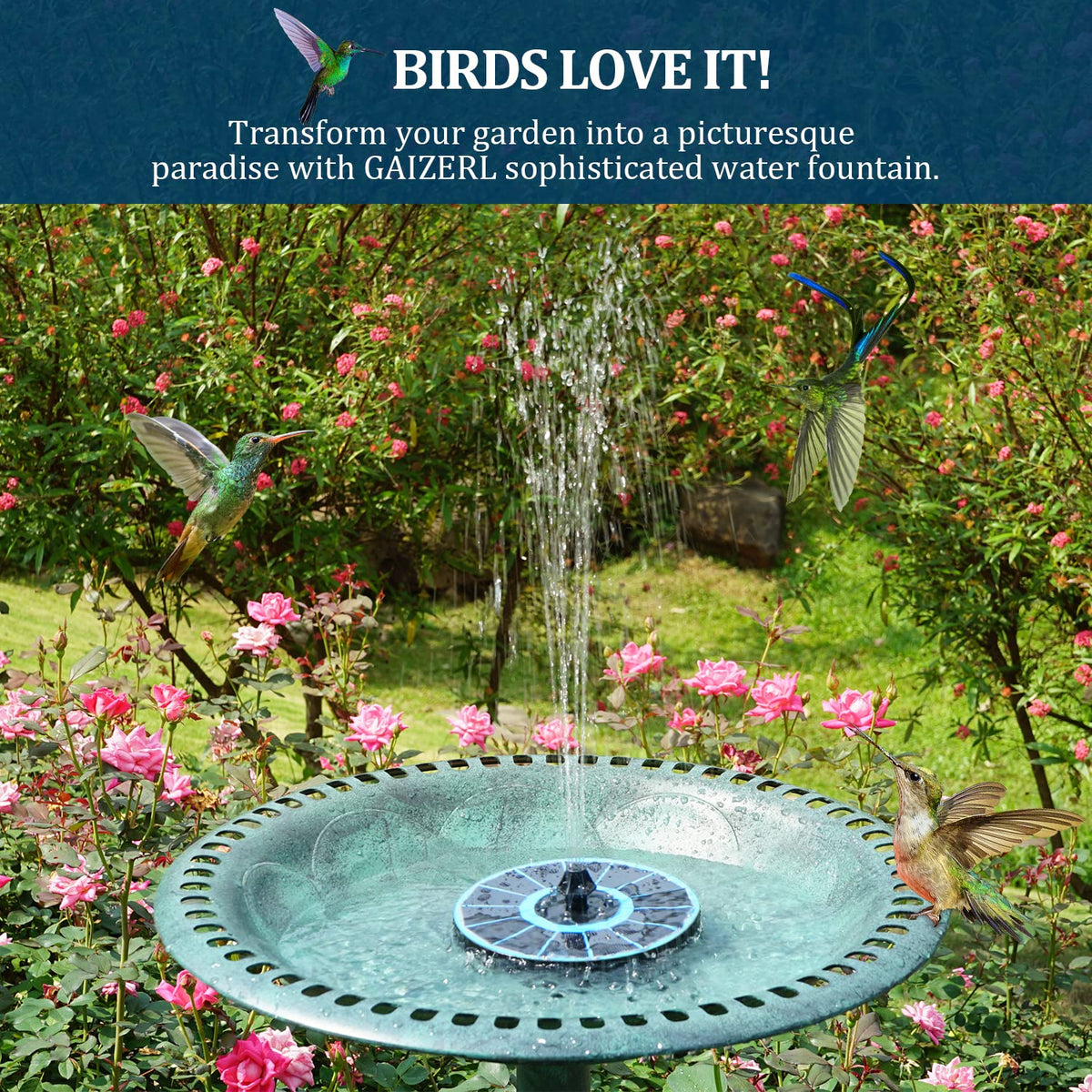 GAIZERL Solar Fountain garden-ready installation in sunlit outdoor space