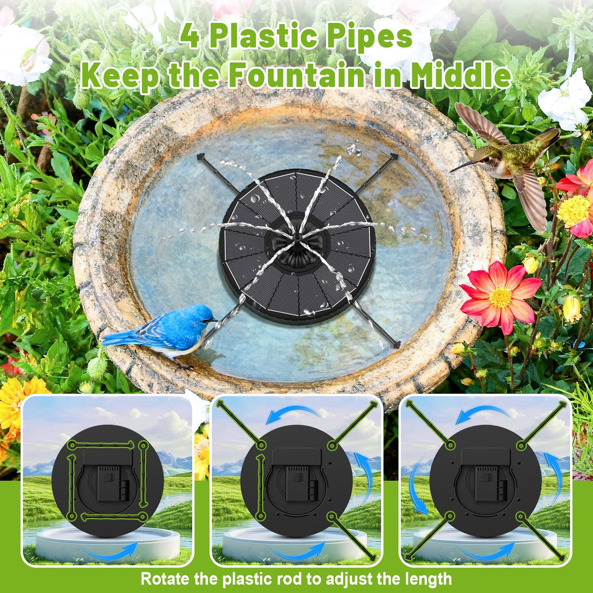 GAIZERL solar fountain with 7 nozzles delivering 8 spray patterns