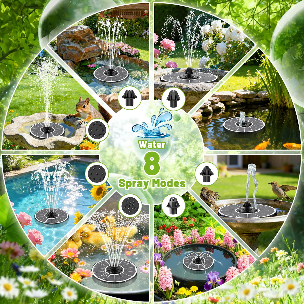 Rotating anchor rods keep the spray centered in any birdbath.