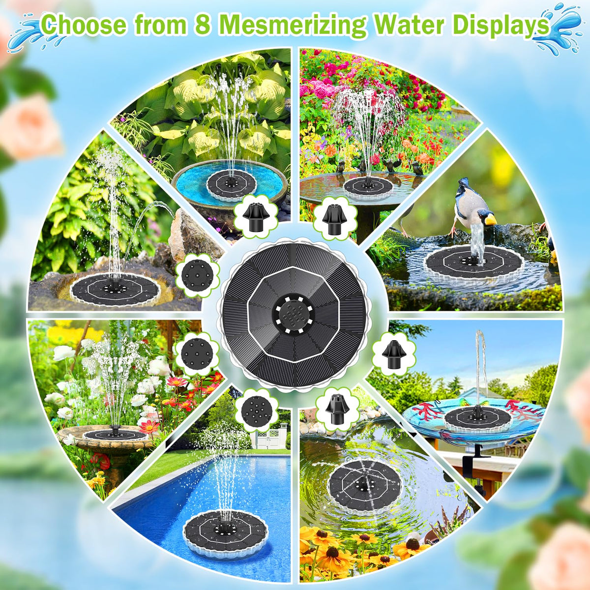 GAIZERL solar fountain seven nozzles for customizable spray patterns
