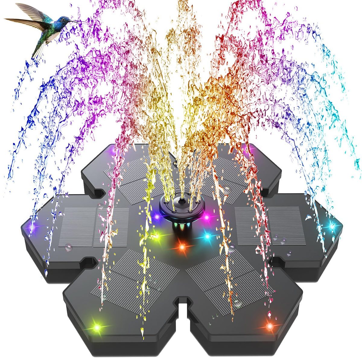 GAIZERL solar fountain snowflake style front view with vibrant color display for evening ambiance.