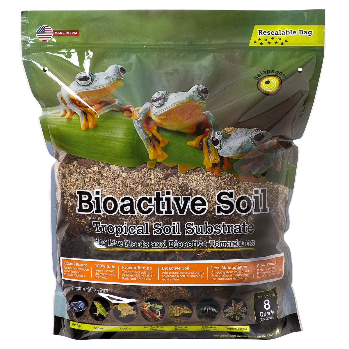 Galápagos Bioactive Soil 8QT bag front view; ideal for tropical terrariums.