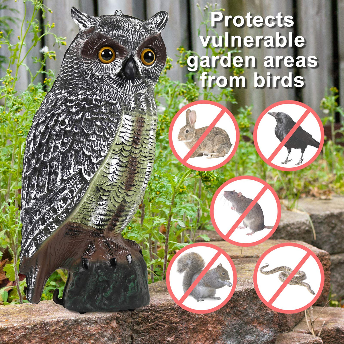 Galashield Owl Decoy weatherproof paint withstands rain and sun for year-round use.