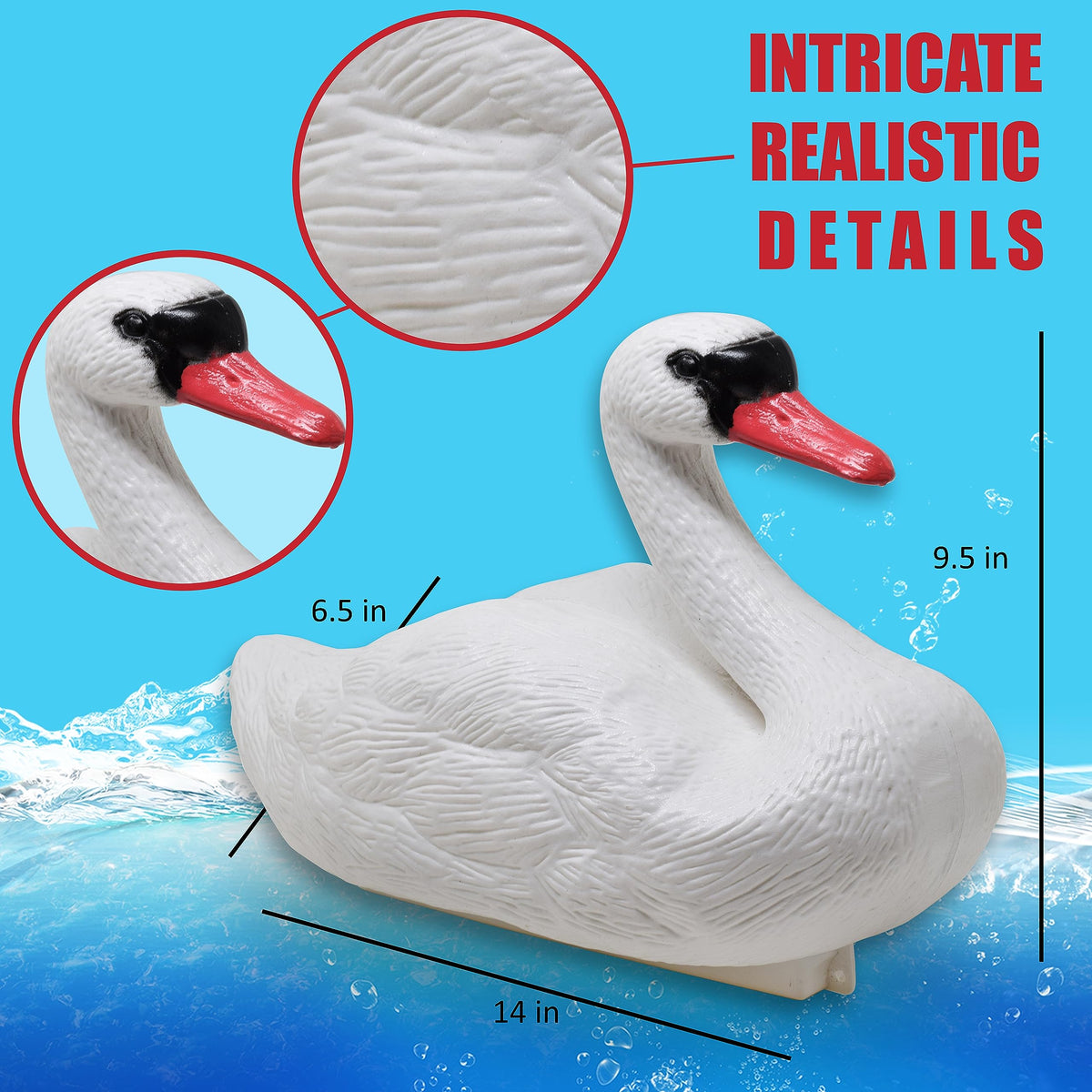 Galashield Swan decoy with floating base stabilizes balance on still water.
