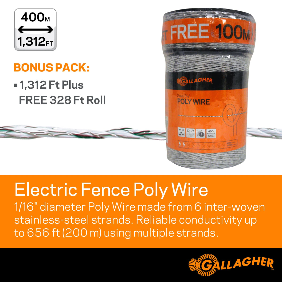 Gallagher polywire six-strand close-up highlighting robust stainless conductivity.
