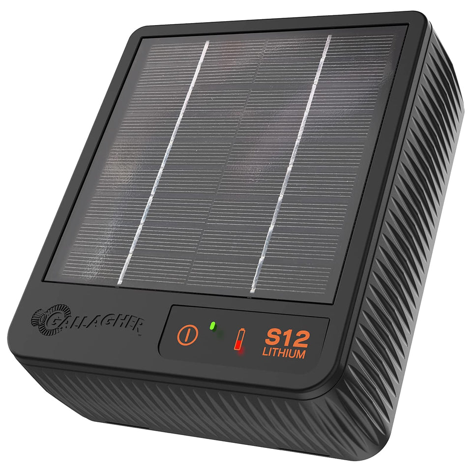 Gallagher S12 solar fence charger front view for portable pasture protection
