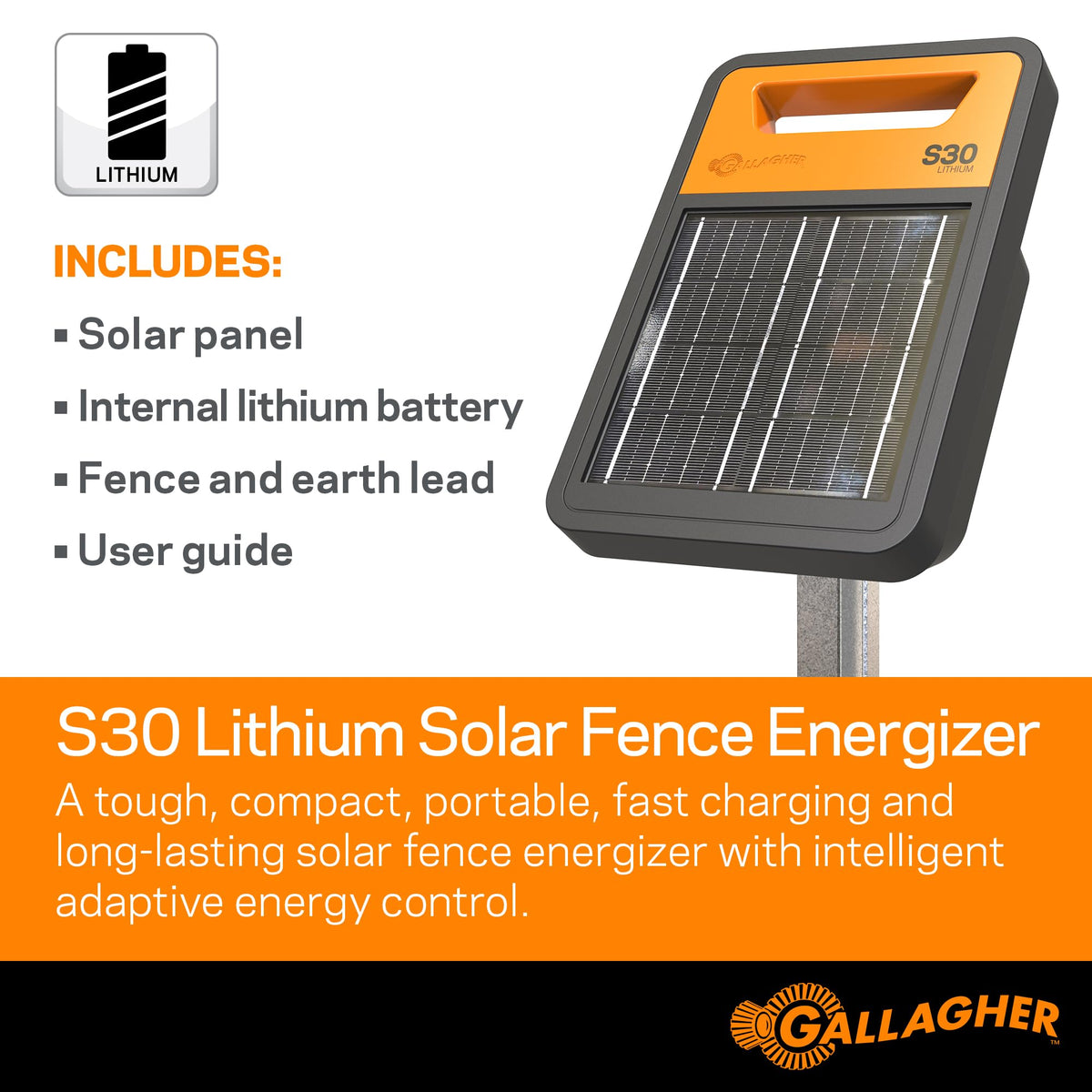 Gallagher S30 solar panel and lithium battery provide solar-powered energy for weeks.