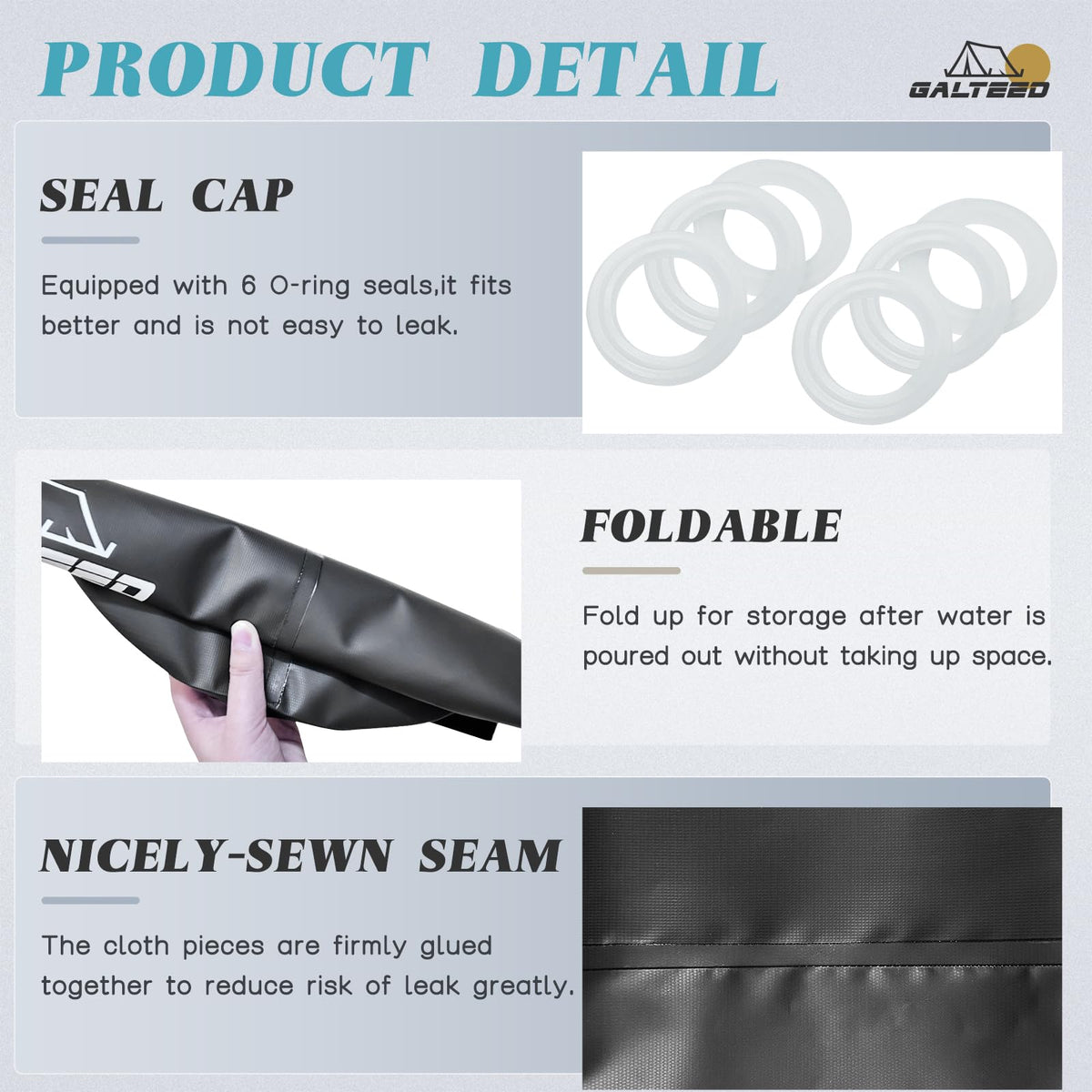 GALTEED 500D PVC construction resists leaks during outdoor use.