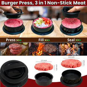 Gamalou dredge shaker ensures even seasoning on patties.
