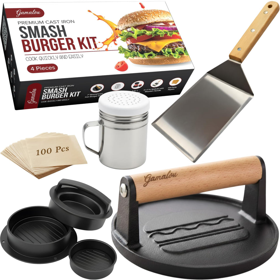 Gamalou Smash Burger Press with 7-inch cast iron surface for even searing.