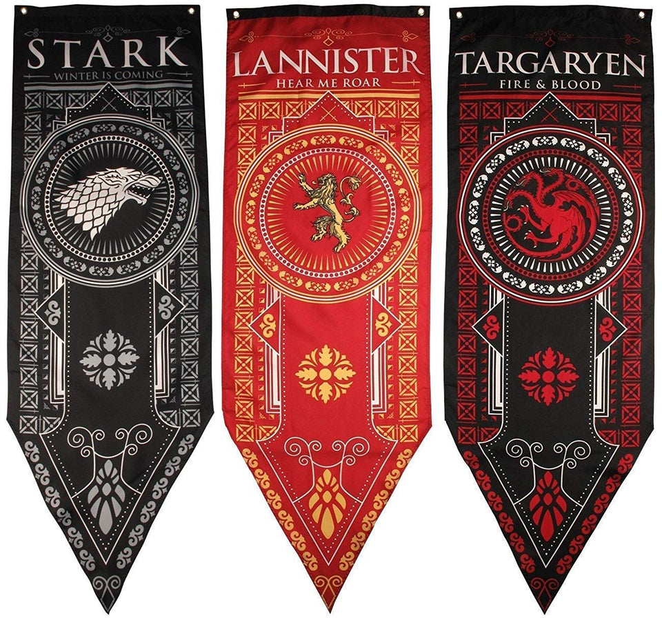 Game of Thrones house banner trio for indoor display and fan room decor.