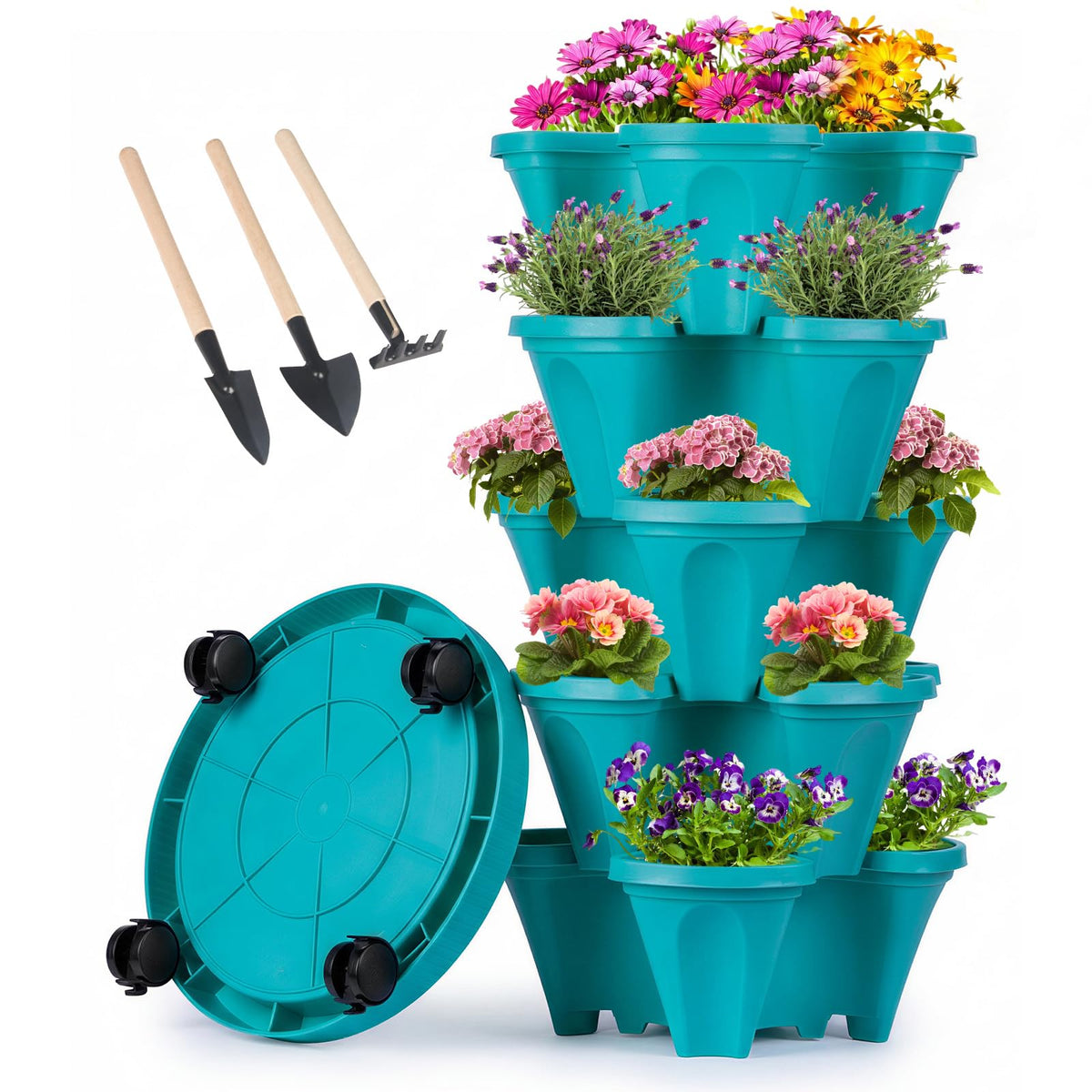 GameXcel vertical planter tower in teal showcases space-saving stackable design for small patios.