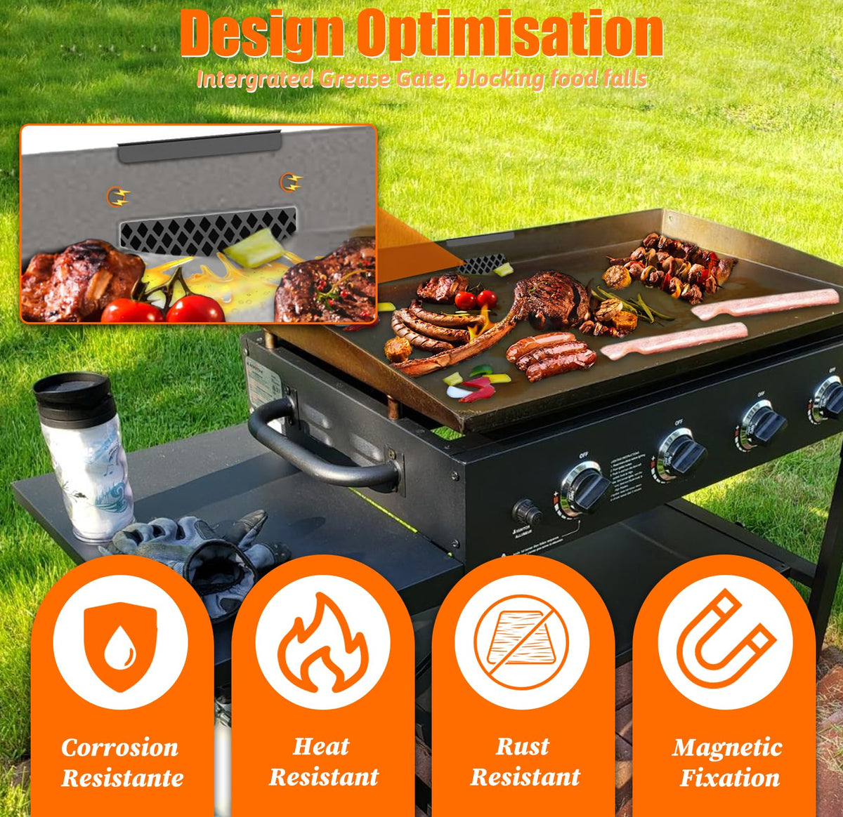 GAMPLAE built-in magnets enable quick attachment to grill grease drain.