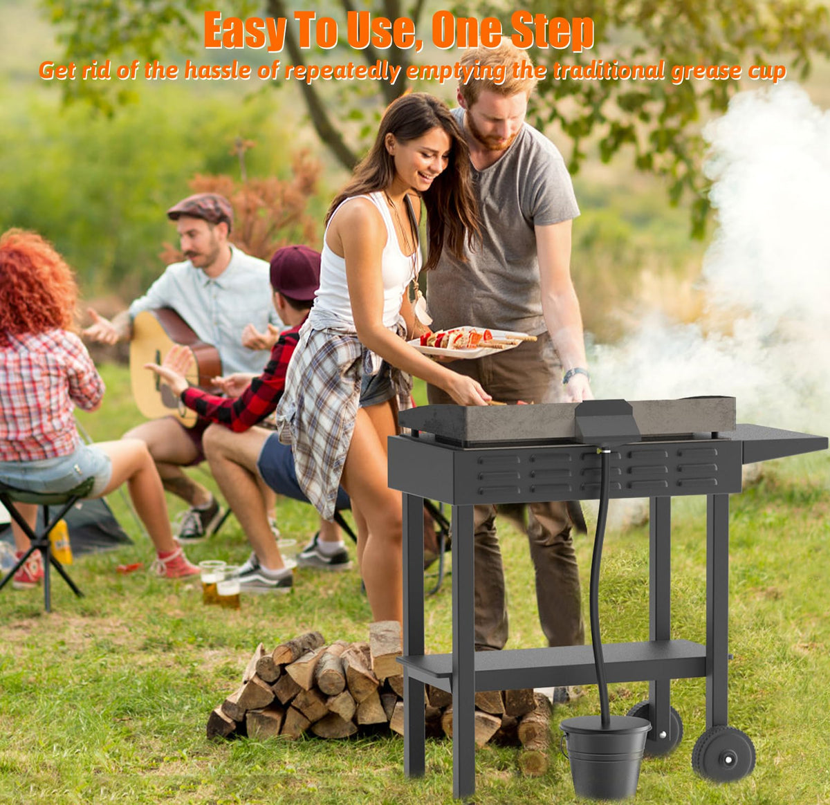 GAMPLAE grease bucket with lid highlights enlarged capacity for longer grilling sessions.