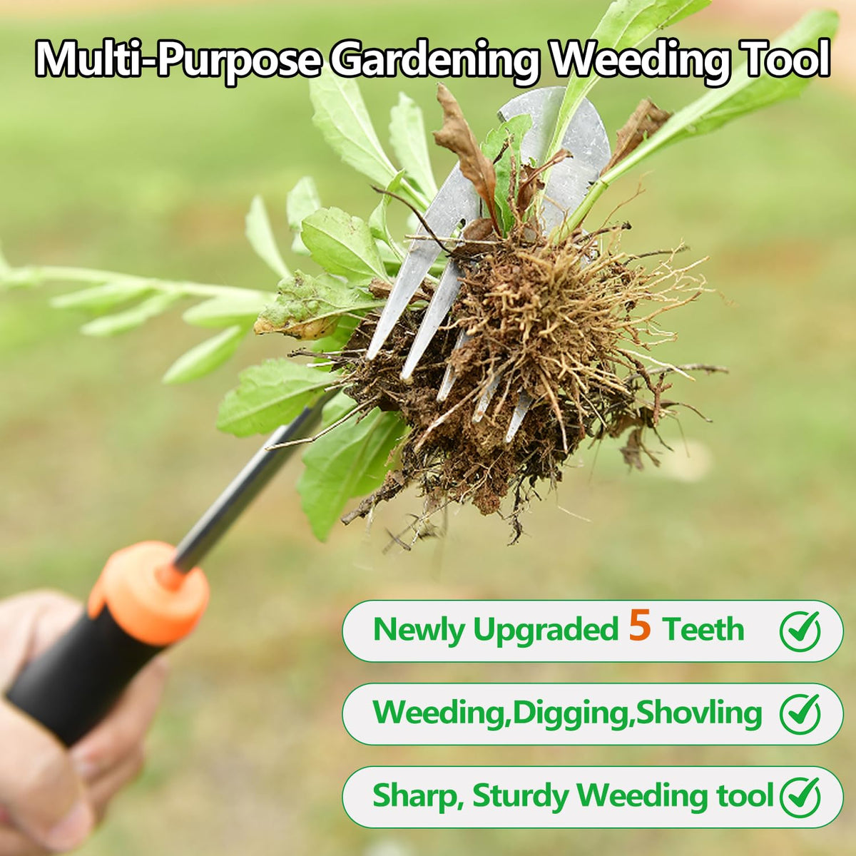 GANCHUN five-teeth weed remover shown digging and loosening soil.