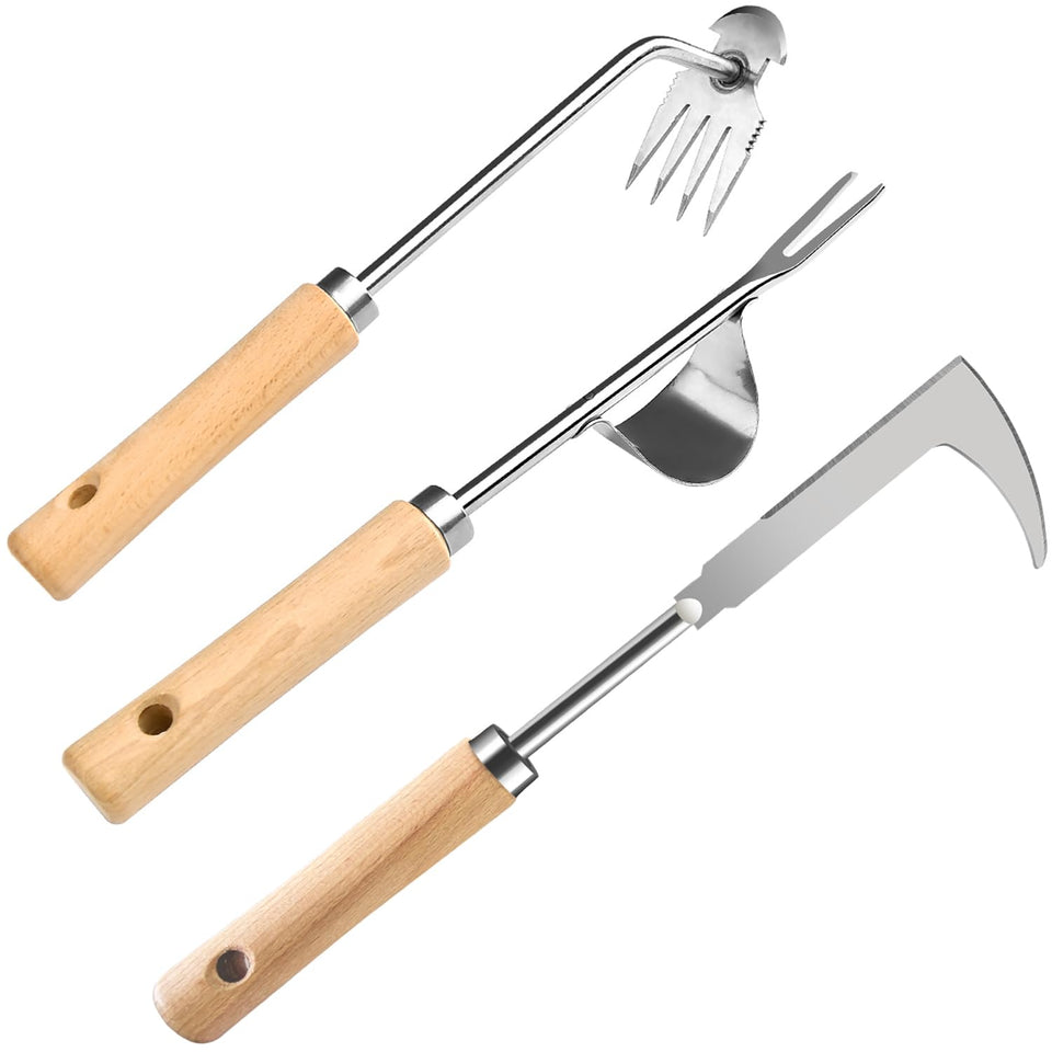 GANCHUN weed puller tool 3-pack in action, ergonomic wooden handles ease weeding sessions.