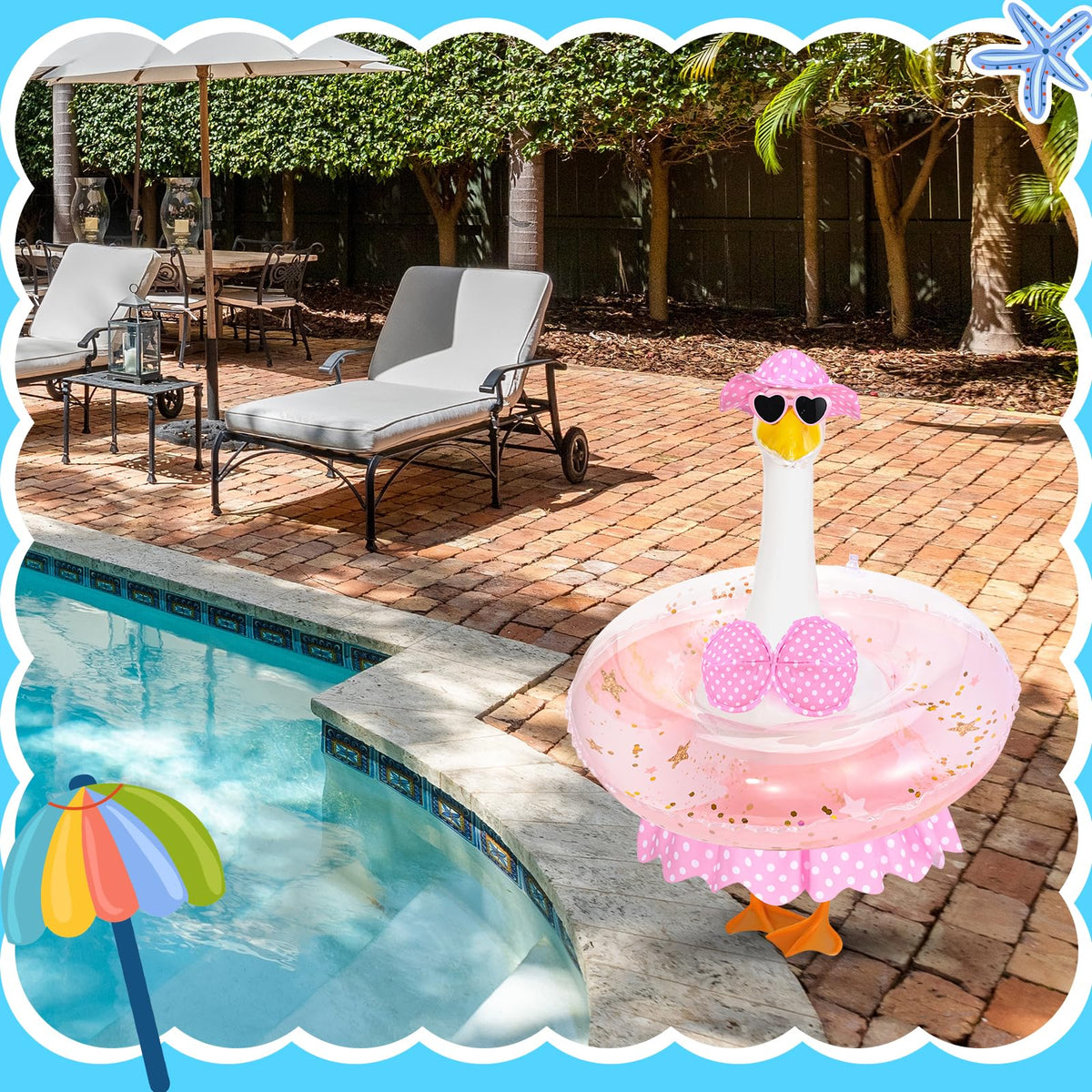 GANSHAYA pack includes hat, bikini, sunglasses and swim ring for an instant tropical look.