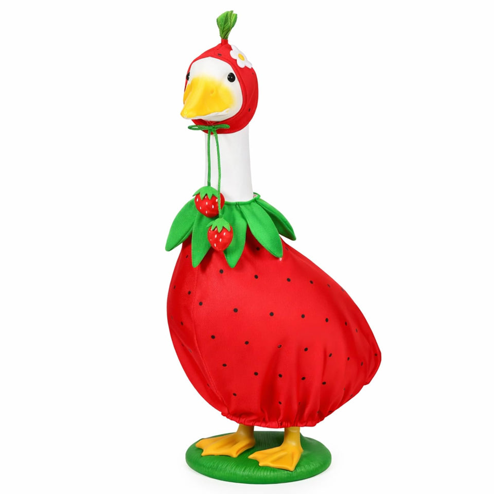 GANSHAYA Strawberry Porch Goose Outfit on a 23-inch goose statue enhances outdoor charm.