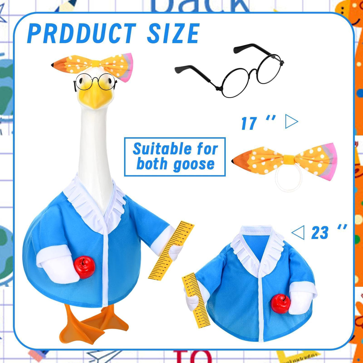 GANSHAYA teacher goose outfit on a 17-inch statue for compact porch decor.