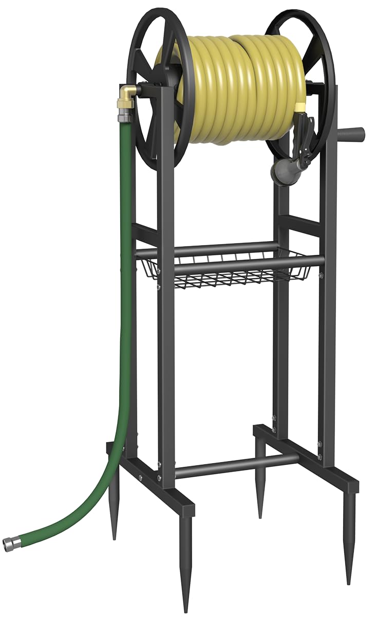 Garbuildman ground mount hose reel with center brass connector for easy setup and neat winding