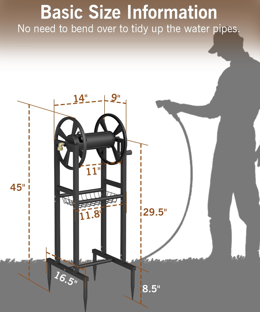 Garbuildman ground mount hose reel includes sturdy storage rack for tools and accessories