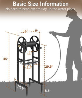 Garbuildman ground mount hose reel includes sturdy storage rack for tools and accessories