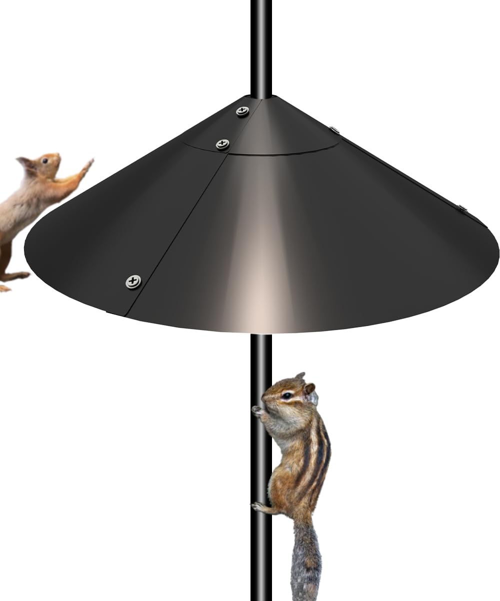 Garbuildman metal squirrel baffle on a pole protects bird feeder