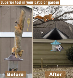 Garbuildman outdoor hanging guard mounted on a shepherds hook shields the feeder area.