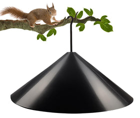 Garbuildman squirrel baffle on bird feeder pole deters squirrels while protecting bird feed.