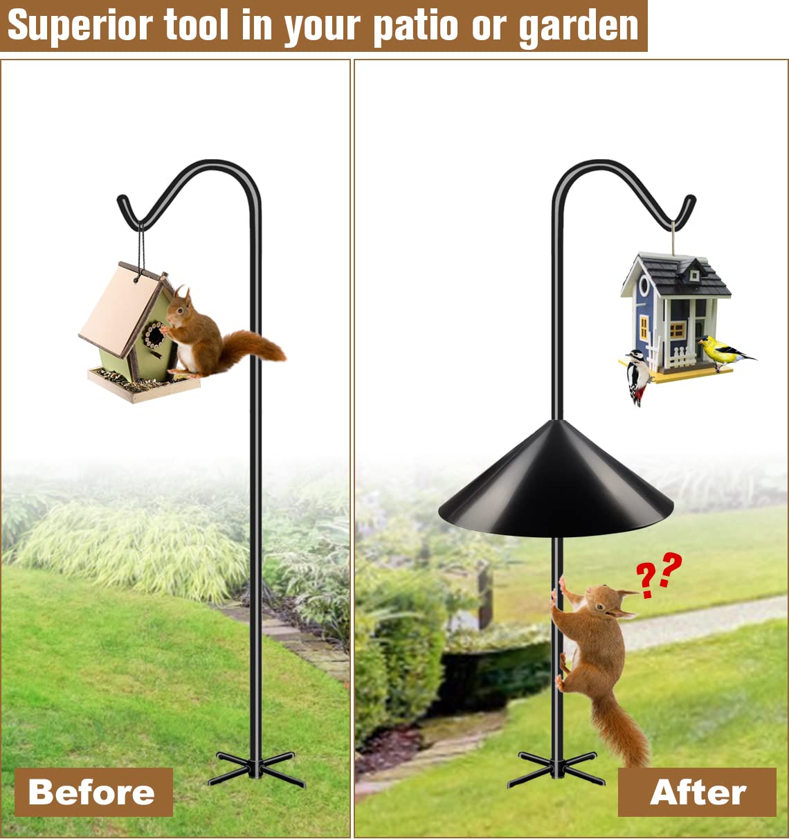 Garbuildman squirrel baffle mounted on a pole guards seed from rodents on demand.